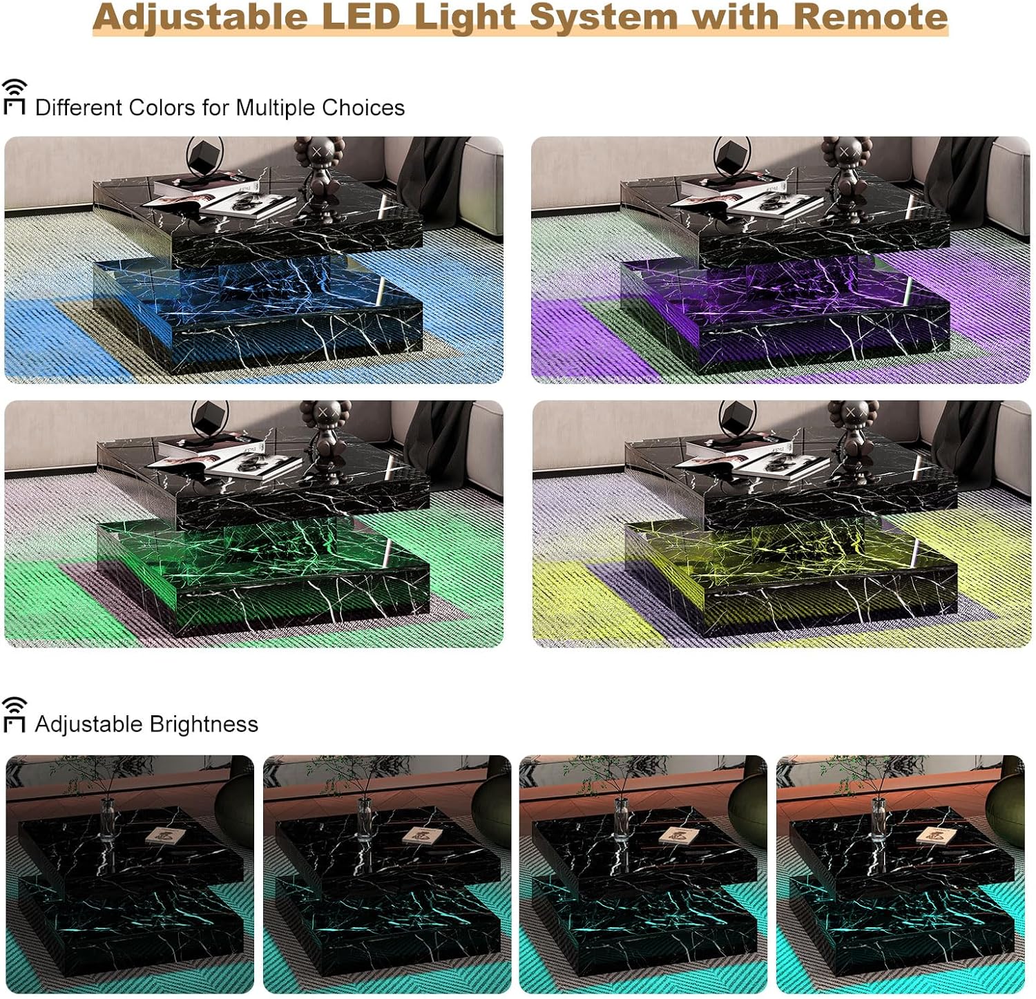 Black Marble LED Coffee Table for Living Room, Living Room Table 2-Tier Square Middle Center Table, Modern Coffee Tables with Storage, Contemporary Wood Tea Tables for Dining Reception