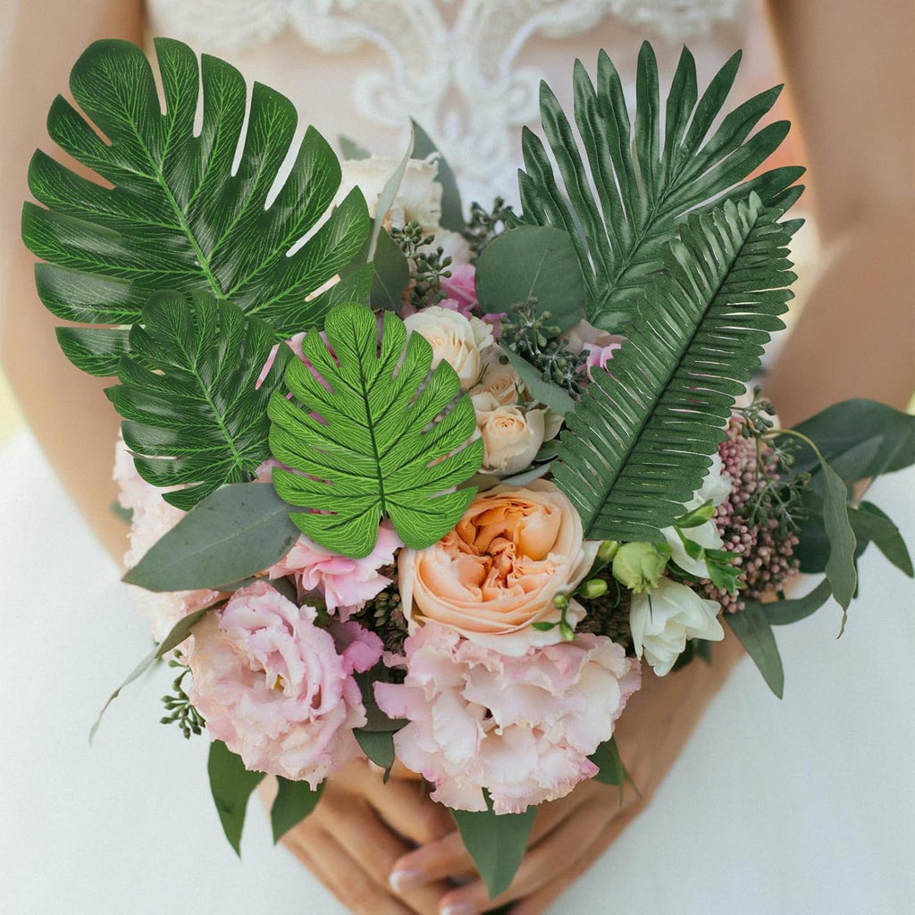 84 Pieces 8 Kinds Artificial Tropical Palm Leaves Safari Jungle Leaves with Stems Leaf Decorations for Hawaiian Luau Party Beach Baby Shower Birthday Theme Table Wedding Decorations