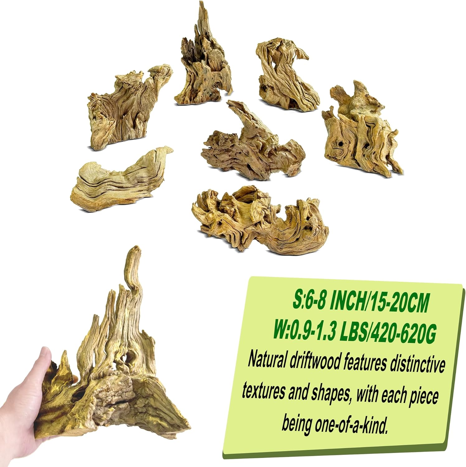 Natural Driftwood for Aquarium Decor,Reptile Habitat&Home DIY Decor,Naturally Unique Shapes Weathered Wood,Easy to Use S-(6-8 Inch/0.9-1.3 Lbs)-Pack of 1