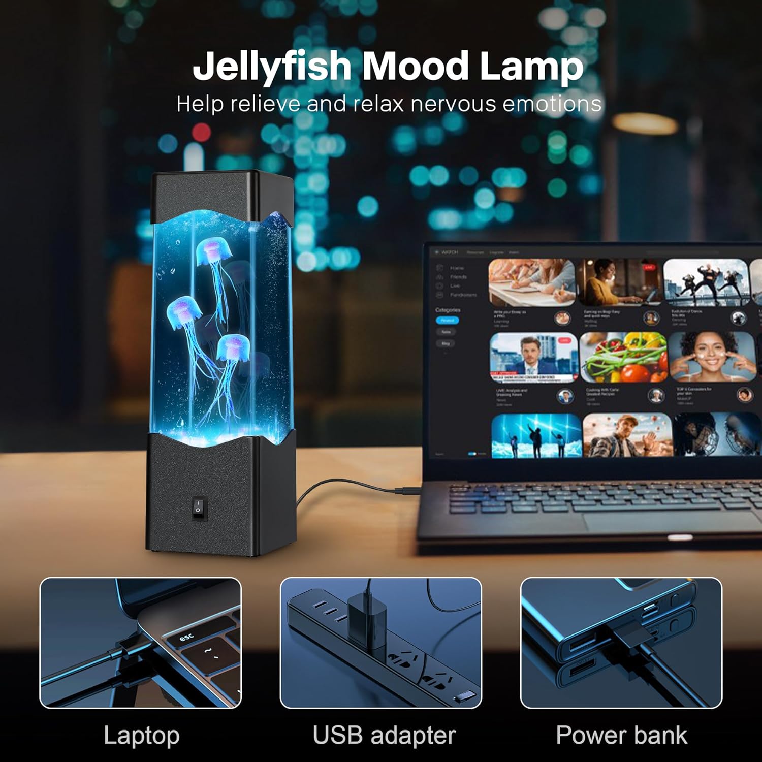 Gifts for Adults Kids, Multi-Color Jellyfish Lamp, USB Powered Aquarium Night Lights with 3 jellyfish,Jelly fish Tank Light Lamp Bedroom Office Room Desktop Decoration Mood Lamp for Stress Relief