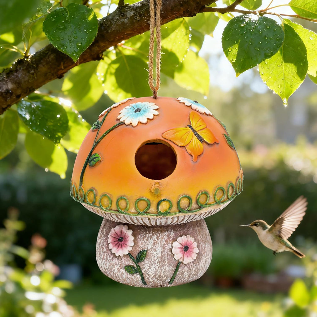Solar Birdhouse for Outdoor Hanging, Mushroom Bird House with Lights Outside, Resin Garden Statue Decorative Nesting Box for Chick Blue Bird Hummingbird Woman Gifts for Yard Patio