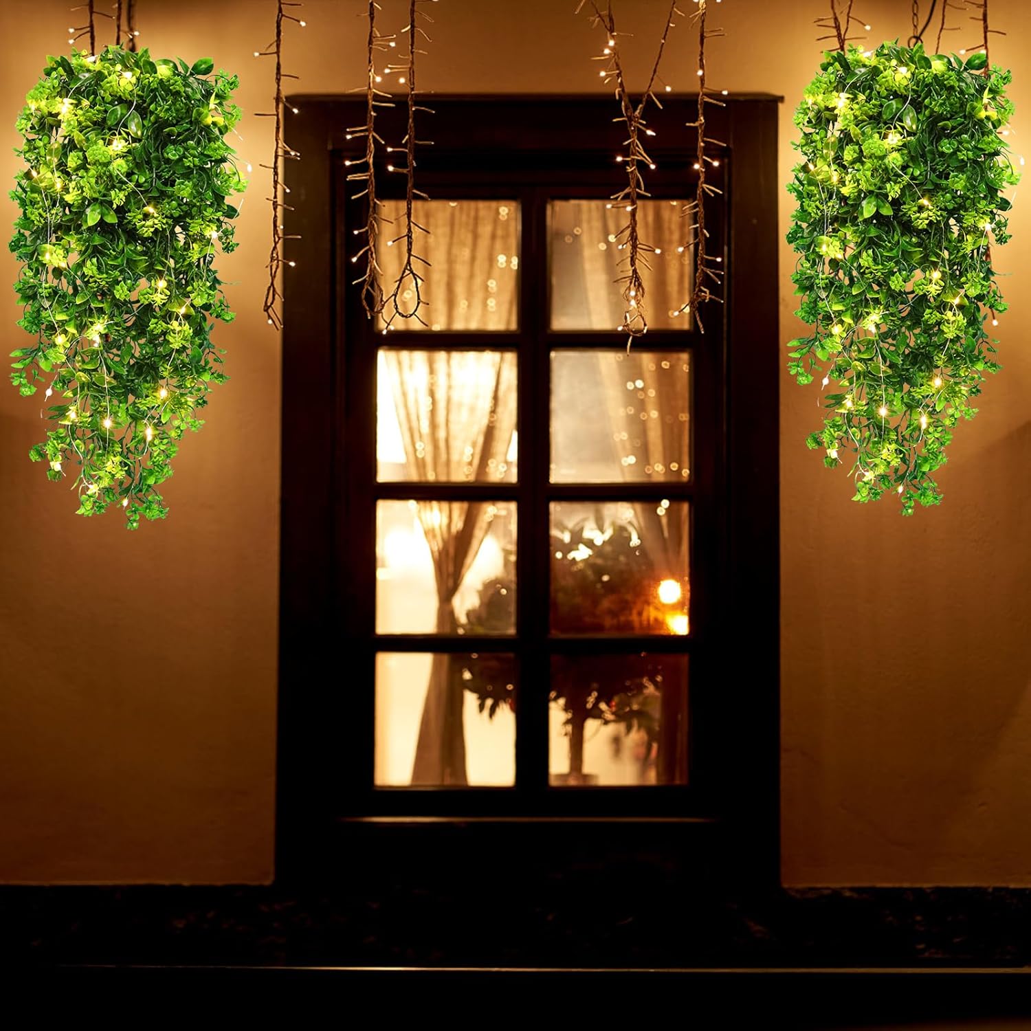 RECUTMS Artificial Hanging Plant Indoor Faux Plants Outdoor Large 2pcs Hanging Greenery with LED Lights Strings Silk Rose Flowers Plastic Leaves Decor for Party Wedding House Patio (Green)