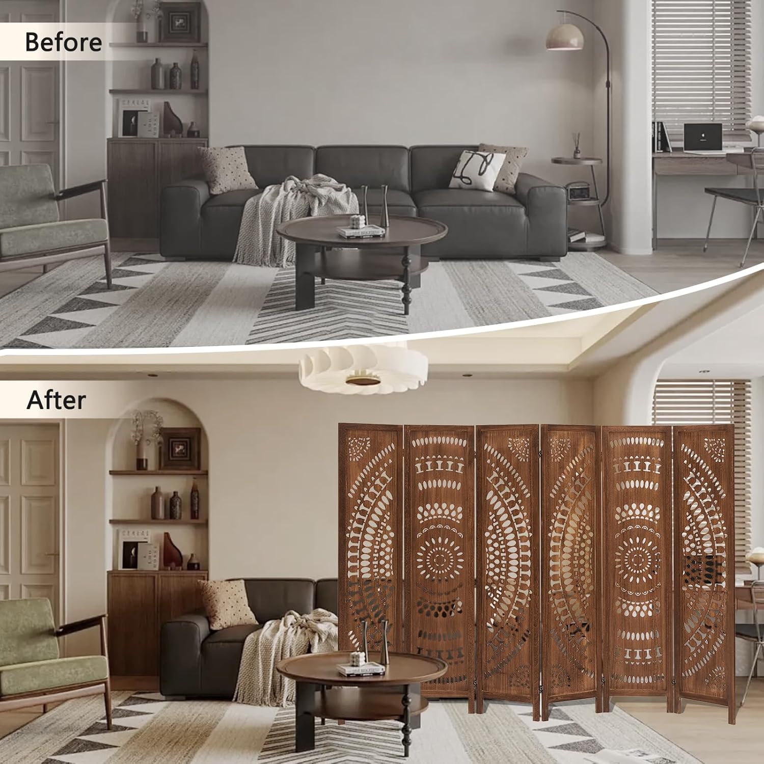6 Panel Wood Room Divider Fully Assembled, Decorative Room Dividers and Folding Screens, 5.6Ft Room Divider Screen Freestanding Partition Wall Dividers for Home Bedroom Office, Dark Brown