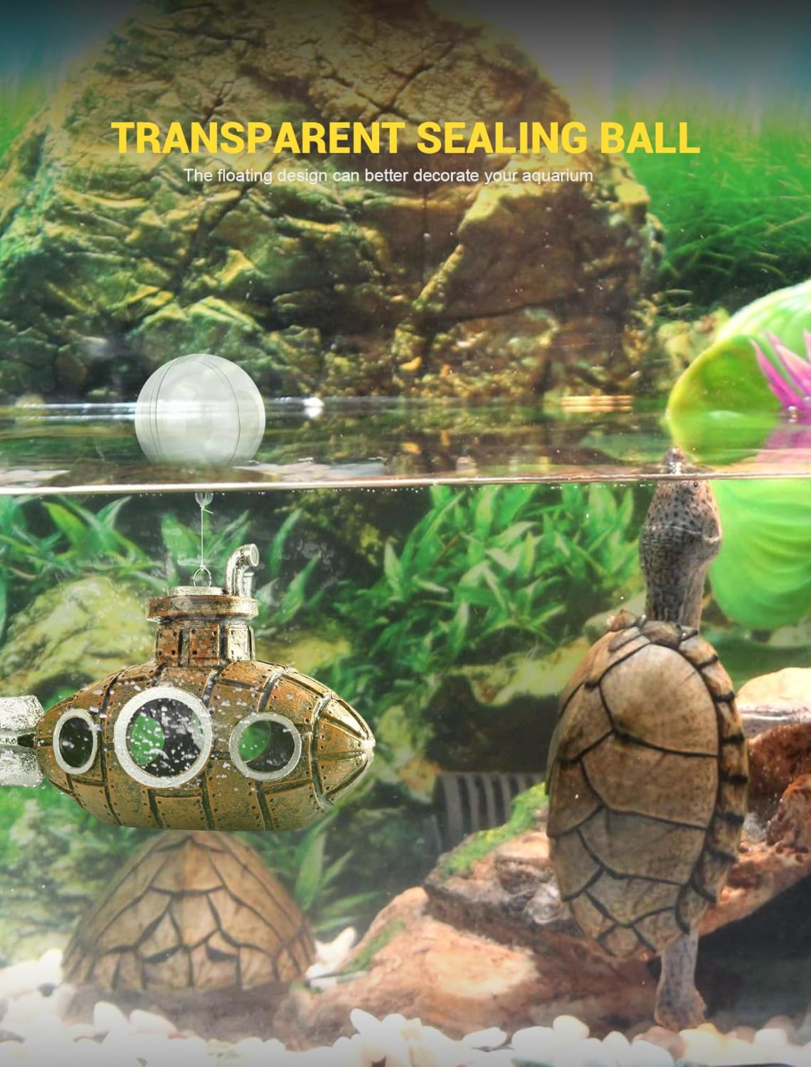 Floating Fish Tank Decoration, Little Cute Retro Submarine Aquarium Decoration with Two Float Balls, Resinous Fish Tank Accessorie, Safe Fish Toy for Betta Cichlid Goldfish Shrimps Hermit Crabs