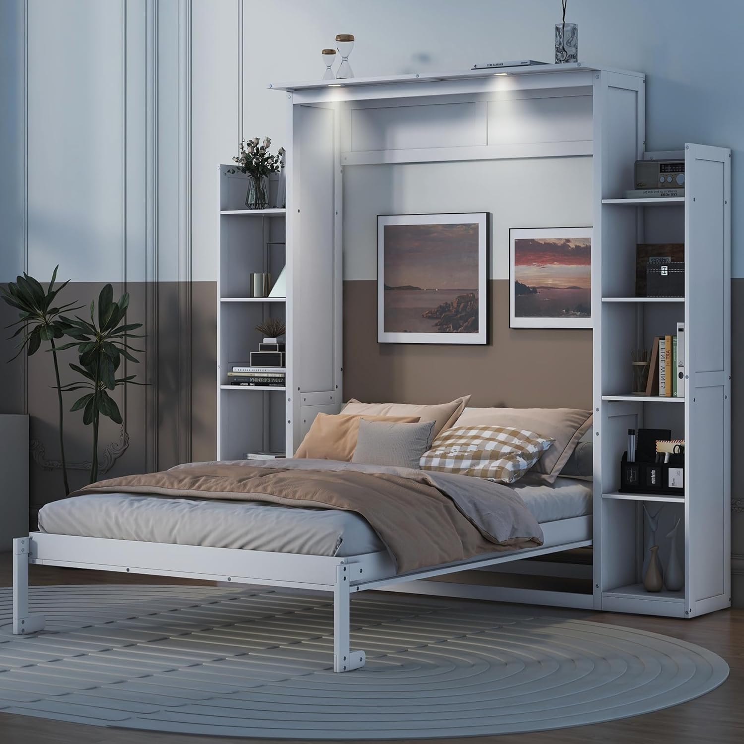 Queen Murphy Bed with Storage Shelves and LED Lights, Wood White Murphy Wall Bed Cabinet with Bookcase Bookshelf for Adults
