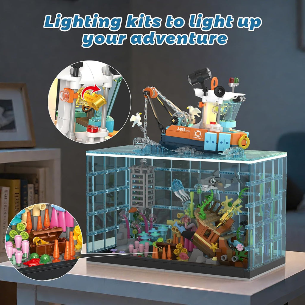 Fish Tank Building Blocks Set, Aquarium Building Set with LED Lights, Including Ocean Shark, Jellyfish, Fishing Boat, STEM Gift for Kids Boys Girls Age 8-12+ and Adults(830PCS)