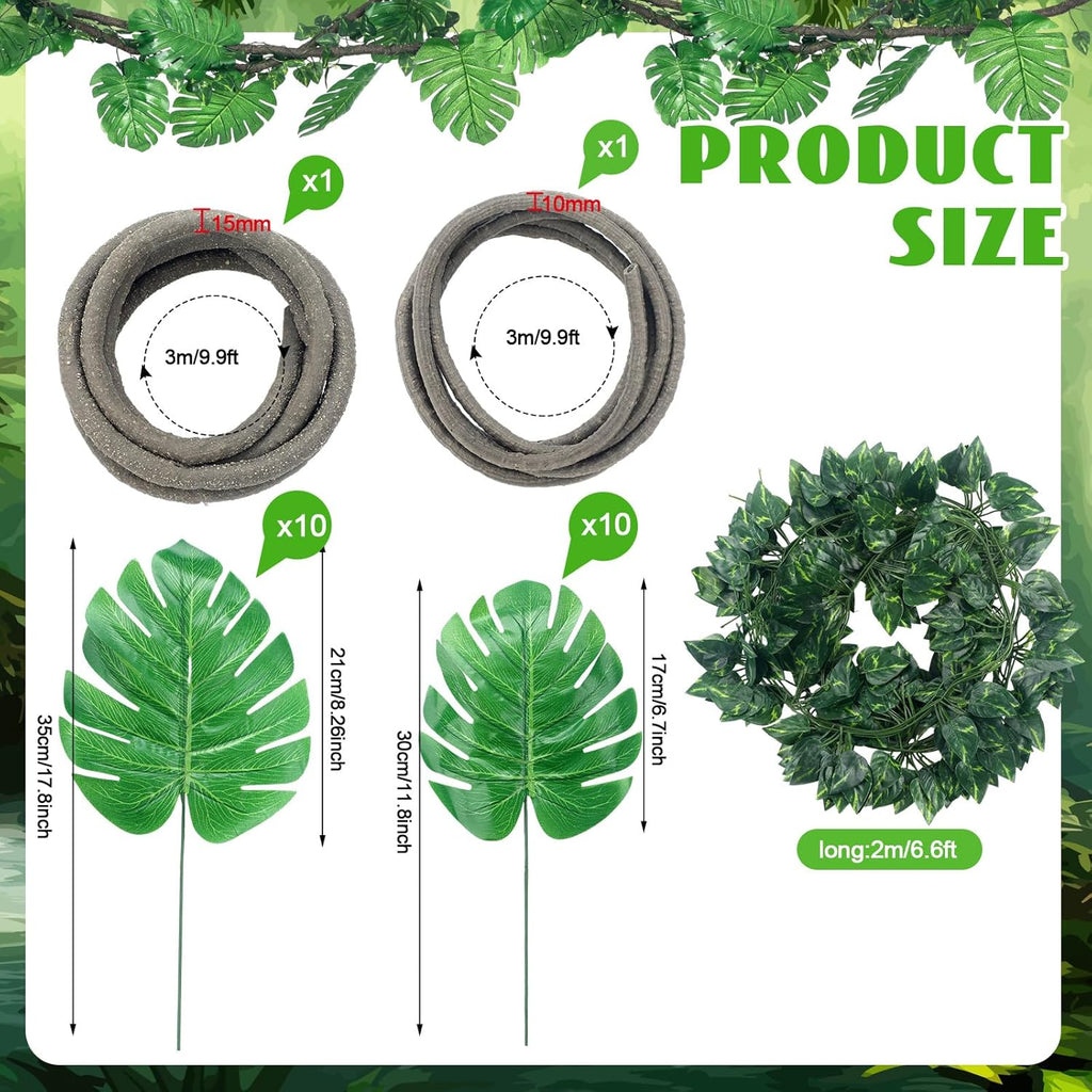 Preboun 27 Pcs Jungle Theme Party Decorations 2 10ft Artificial Rattans 20 Tropical Palm Leaves 5 Ivy Fake Vines Tropical Rainforest Safari Rattan Decorations for Indoor Outdoor Forest Jungle Party
