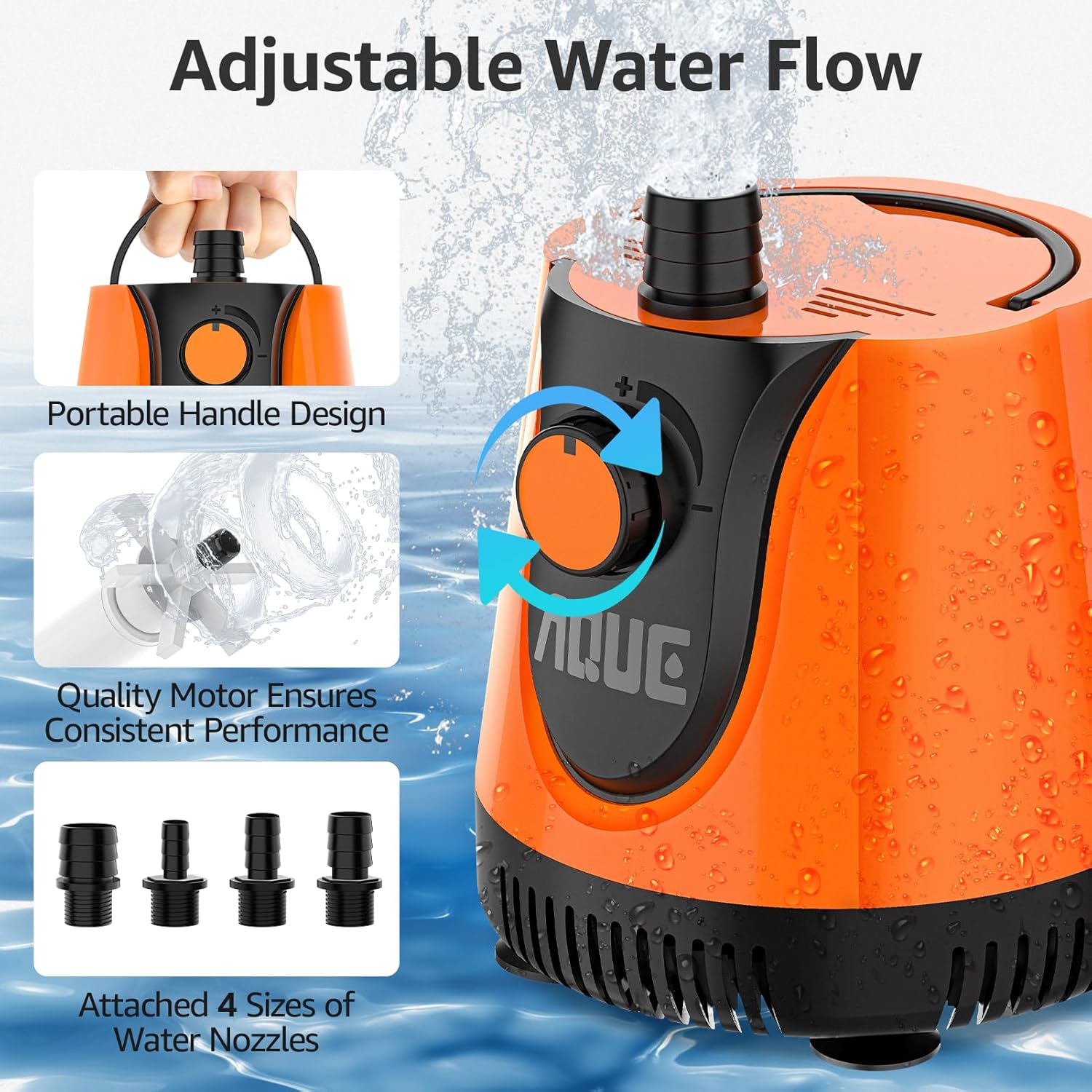AQUE 360° All-round Water Intake Submersible Pump. It is suitable for fish tanks, ponds, aquariums and hydroponic systems. It comes with a 6-foot power cord and 4 nozzles. (60W)