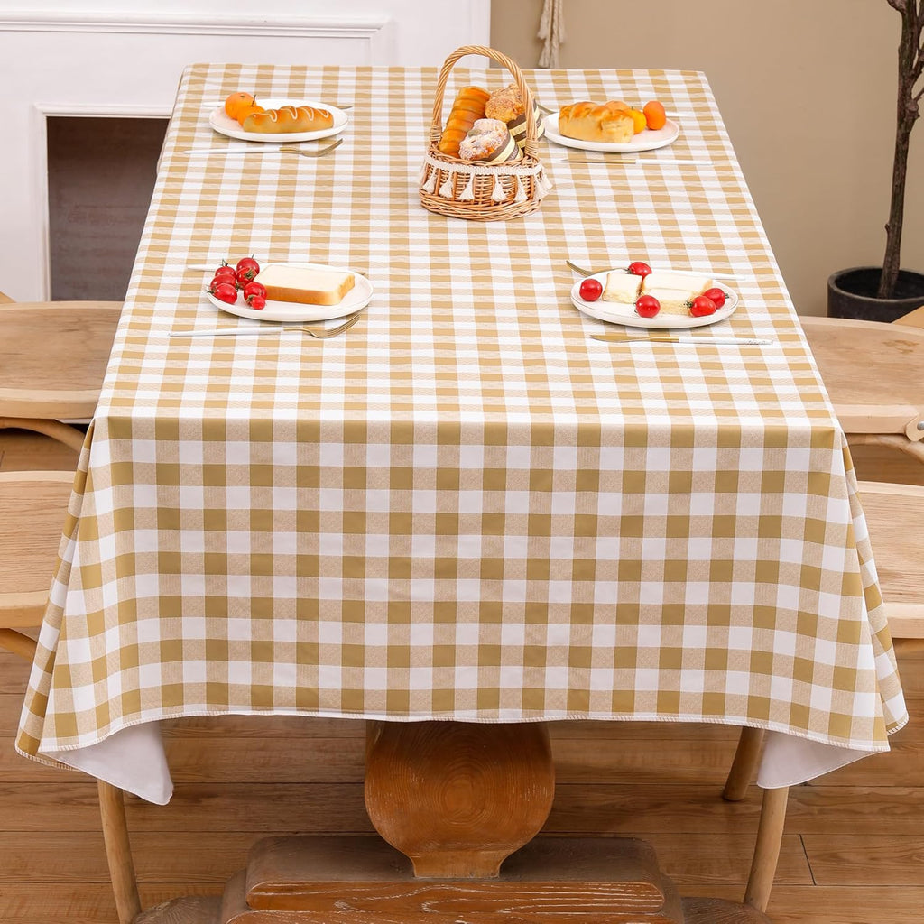Heavy Duty Vinyl Tablecloth with Flannel Backing Waterproof Oil-Proof Plastic Table Cloth Stain-Resistant Wipeable Rectangle or Square Table Cover for Indoor and Outdoor (Khaki Checkered, 60x102 Inch)