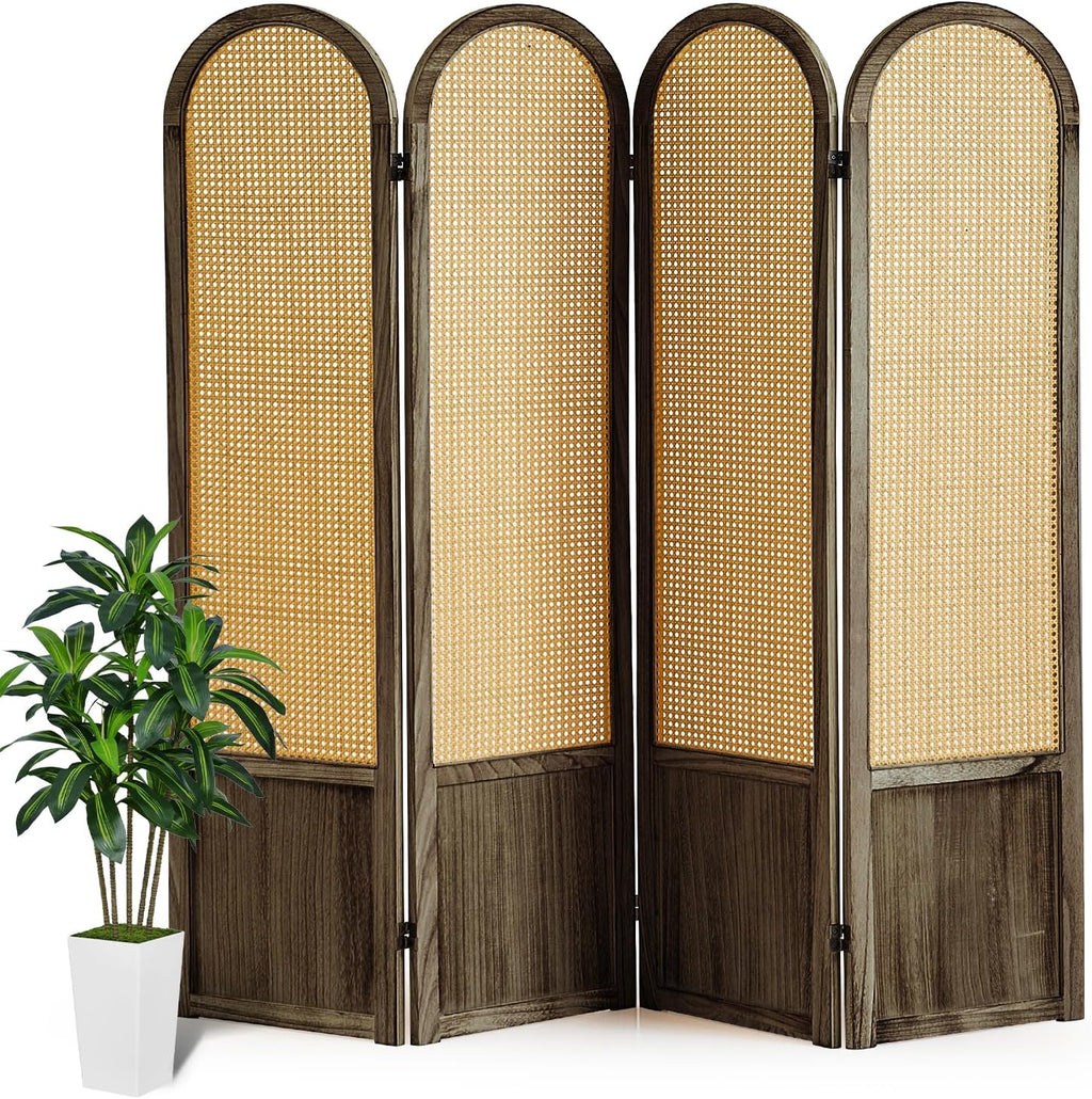 4 Panel Room Divider Wall, Folding Privacy Screen, Foldable Wood Divider Room Dec, Rattan Room Divider, Portable Partition Screen, Wall Divider for Room Separation Home Office (Brown)
