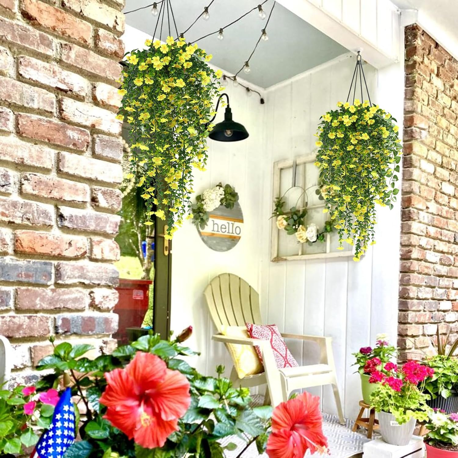 RECUTMS Artificial Hanging Flowers for Outdoors 4 Pcs Fake Mums Plant Decor Realistic Real Touch Silk Flower UV Resistant Trailing Vine Look Real for Yard Porch Patio Garden Balcony (Yellow)