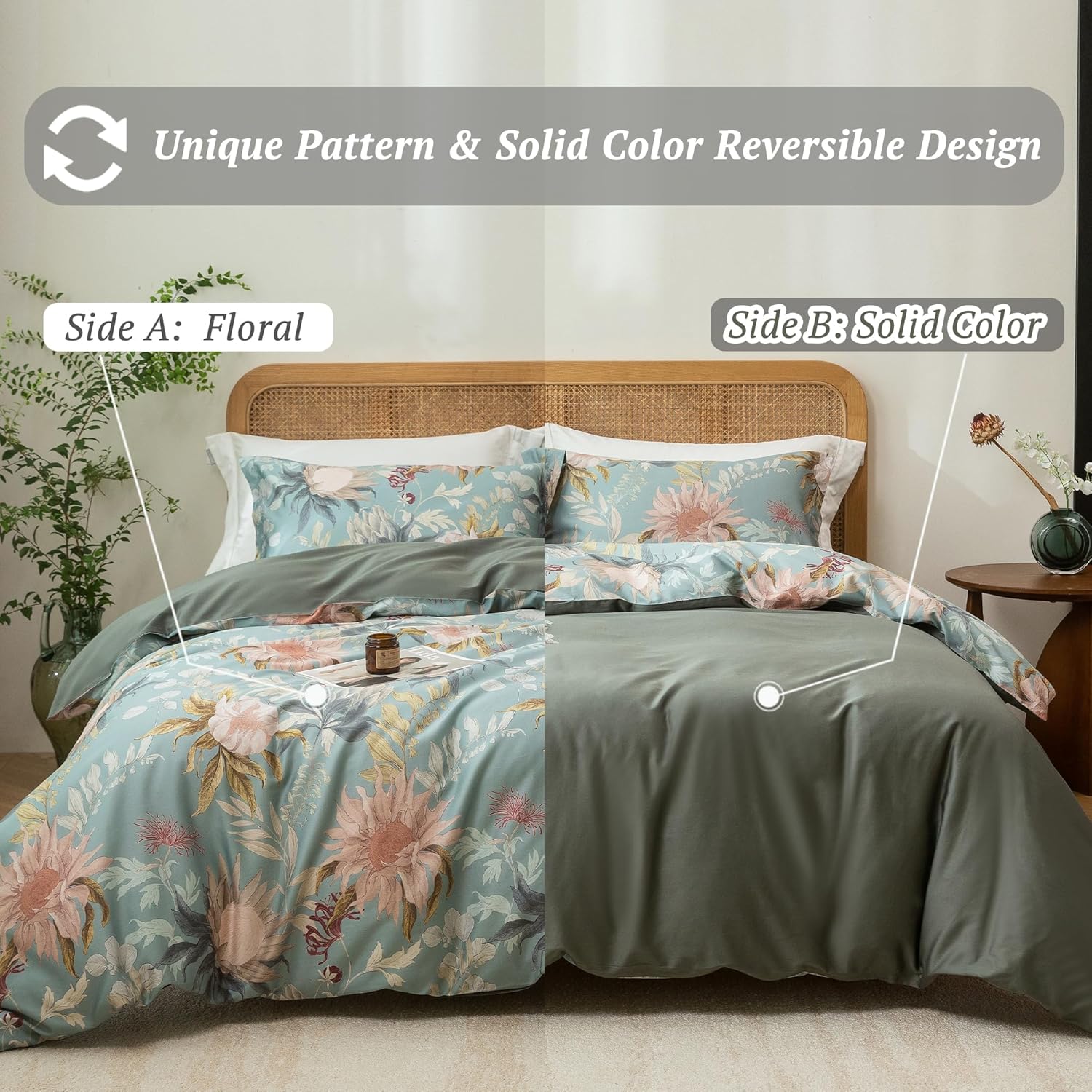 MILDLY King Size Duvet Cover Set 100% Long-Staple Cotton Luxury Vintage Floral Patten Reversible Comforter Cover Set 3Pcs