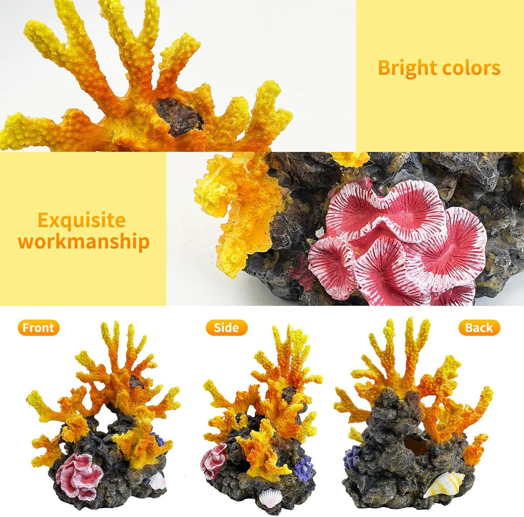 PINVNBY Aquarium Coral Reef Decor, Artificial Aquarium Coral Ornament Fish Cave Hideout Artificial Aquarium Plants Artificial Resin Fish Tank Accessories for Aquarium Landscaping (Yellow)