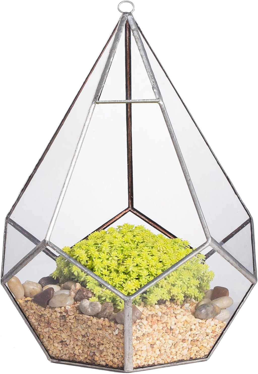 NCYP Silver Hanging Glass Geometric Terrarium, 6.8 x 6.8 x 8.6 Inches Teardrops Shape Display Planter for Succulent Air Plants, Indoor Decor Flower Holder, Handmade (NO Plants)