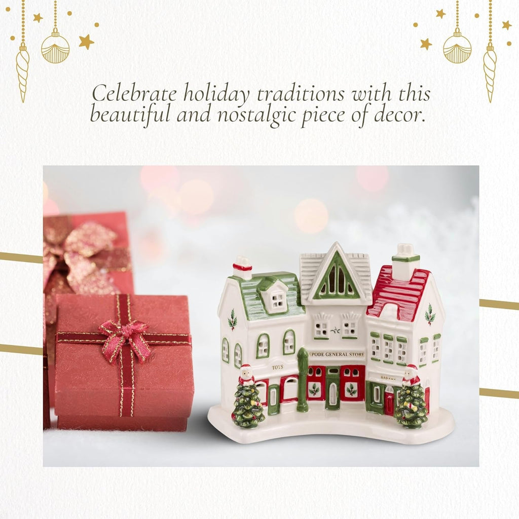 Spode Christmas Tree Miniature Village Figural Decoration - LED Lighted Set, Ceramic Holiday Decor - Dolomite Collectible for Indoor Display (Shoppes)