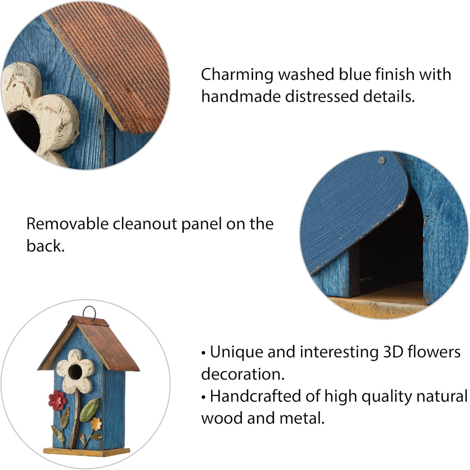 Glitzhome 10.2" H Hanging Bird House for Outdoor Patio Garden Decorative Birdhouse Pet Cottage Distressed Wooden Birdhouse, Flower Rustic Blue