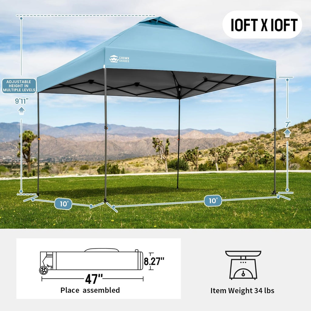 CROWN SHADES Adjustable Height on The Fly, 10x10 Pop Up Canopy - Beach Tent with One Push Setup - Easy Outdoor Sun Shade for Events, Parties, Camping - Outside Shade with STO-N-Go Bag, Cyan Blue