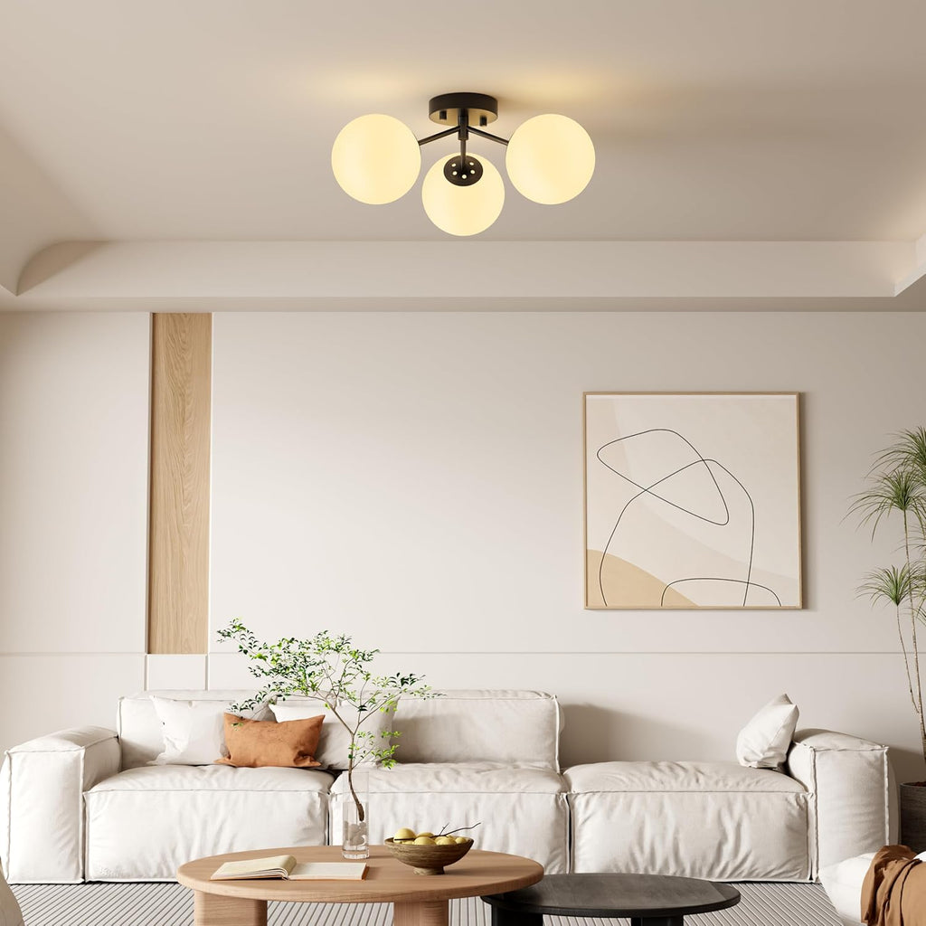 Maxax 17" Black Ceiling Light, 3 Lights Modern Flush Mount Fixture with Opal Milk Glass Globe, Mid Century Brass Semi Chandelier, Sputnik Ceiling Lamp for Living Room, Dining Room, Bedroom, Entryway