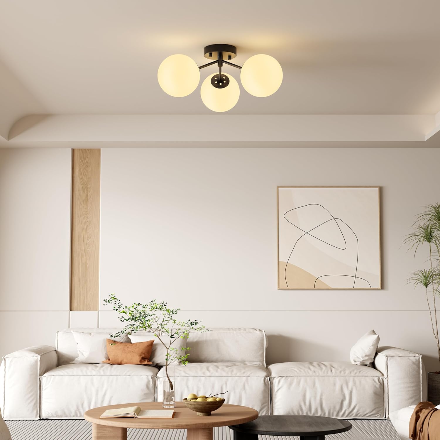 Maxax 17" Black Ceiling Light, 3 Lights Modern Flush Mount Fixture with Opal Milk Glass Globe, Mid Century Brass Semi Chandelier, Sputnik Ceiling Lamp for Living Room, Dining Room, Bedroom, Entryway