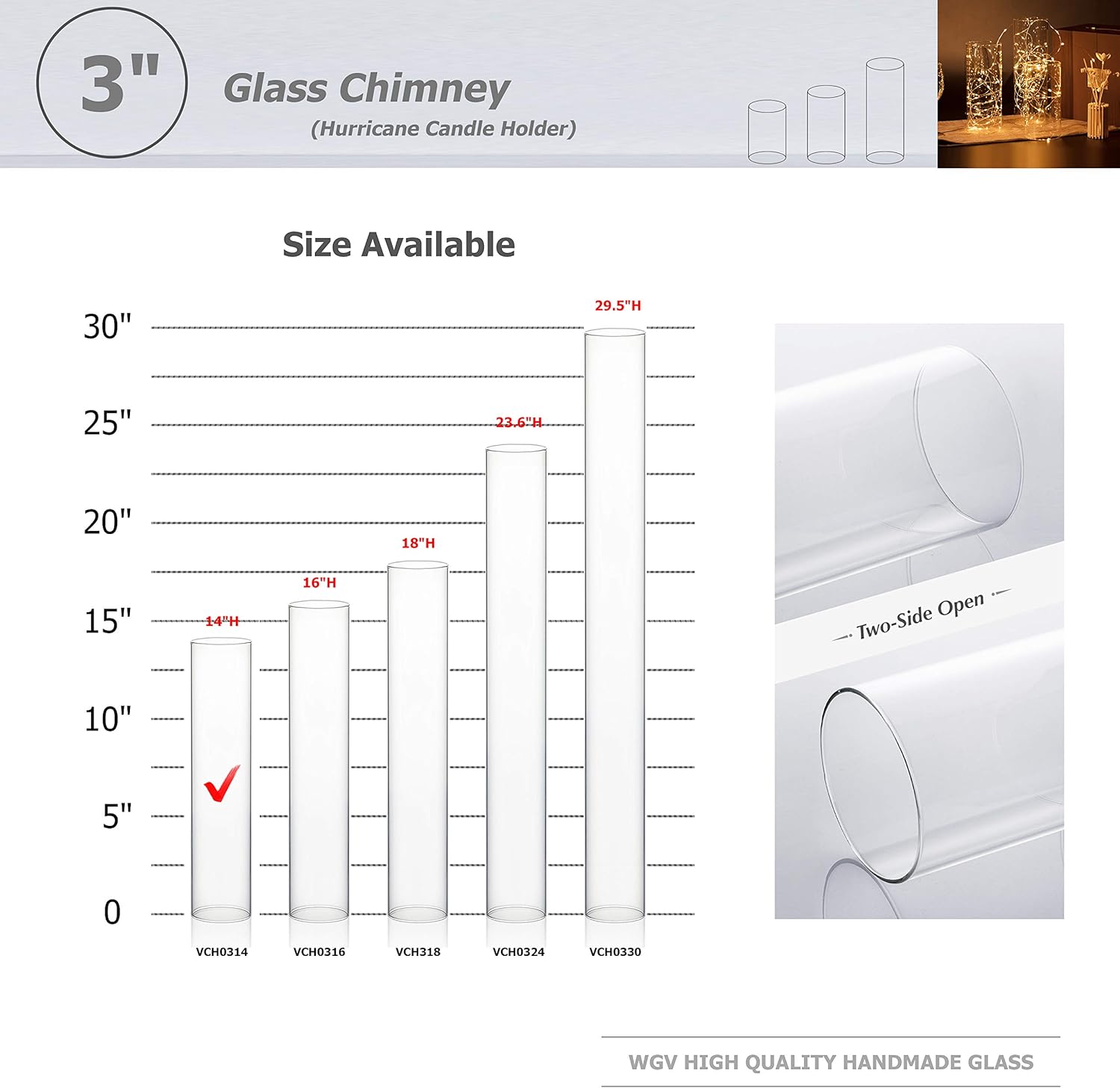 WGVI Hurricane Candle Holder Sleeve, Wide 3", Height 14", Clear Glass Cylinder Candleholder, Chimney Tube, Open Ended Candle Shade, 1 Piece