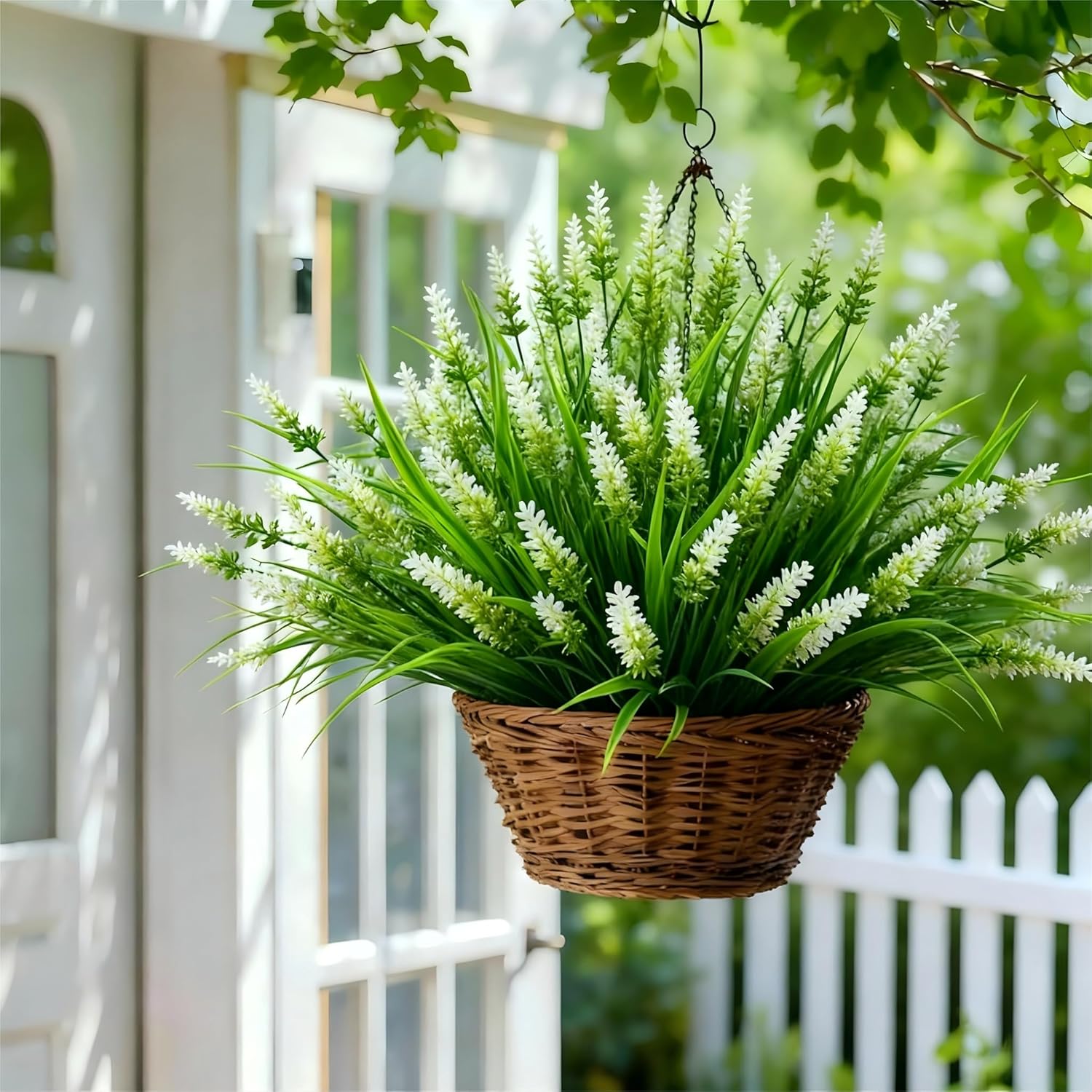Geegoods Artificial White Lavender Flowers for Outdoors – 24 Bundles UV Resistant Fake Flowers with Monkey Grass, Realistic Artificial Plants Outdoor for Garden, Patio, Porch, Window Box & Home Décor