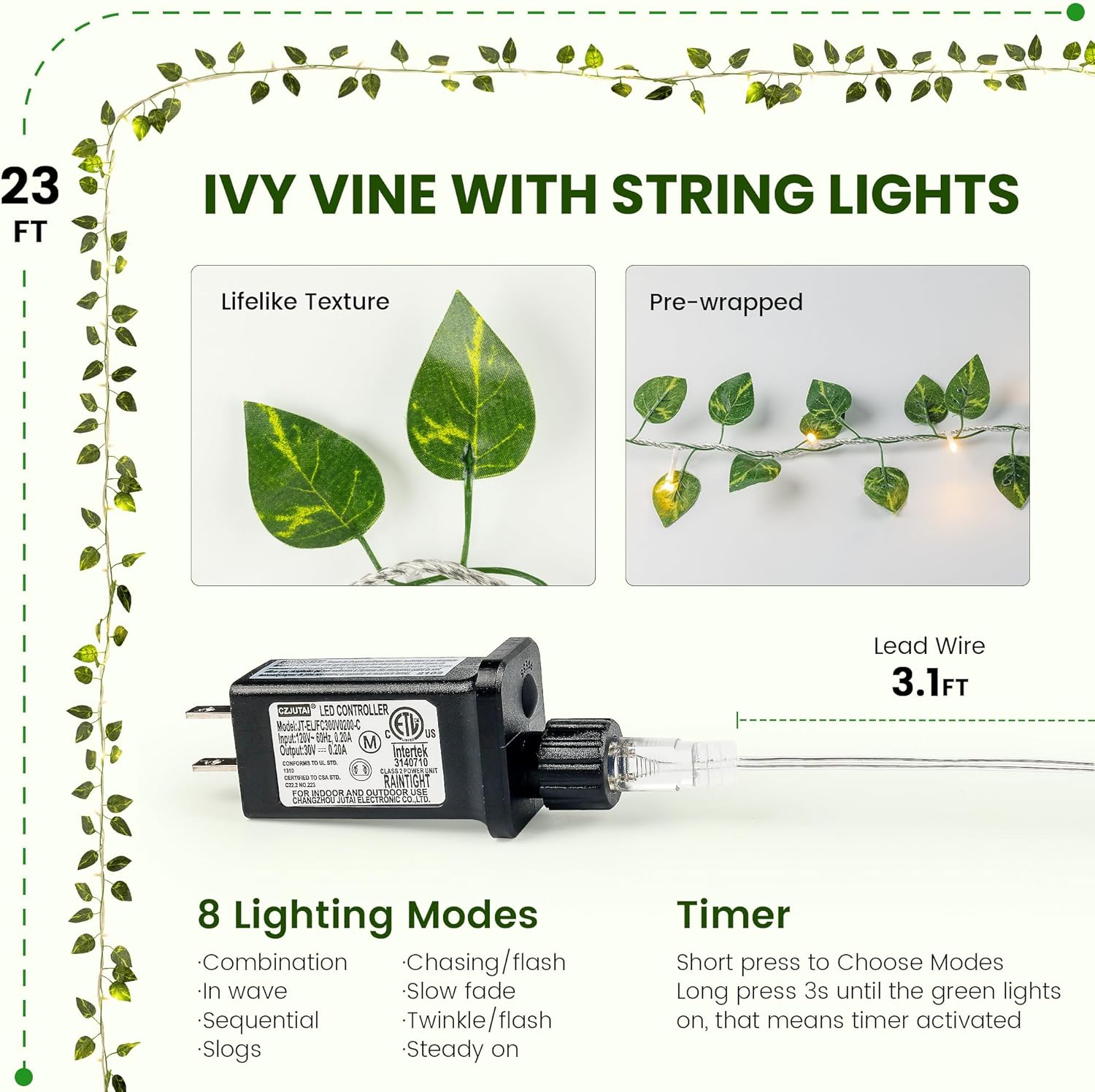 Vine String Lights Plug in, 23FT 73 LED Vines with Fairy Lights, Faux Pothos Leaf Garland with Light for Bedroom, Dorm Room, Wedding, Party & Home Decor, Warm White