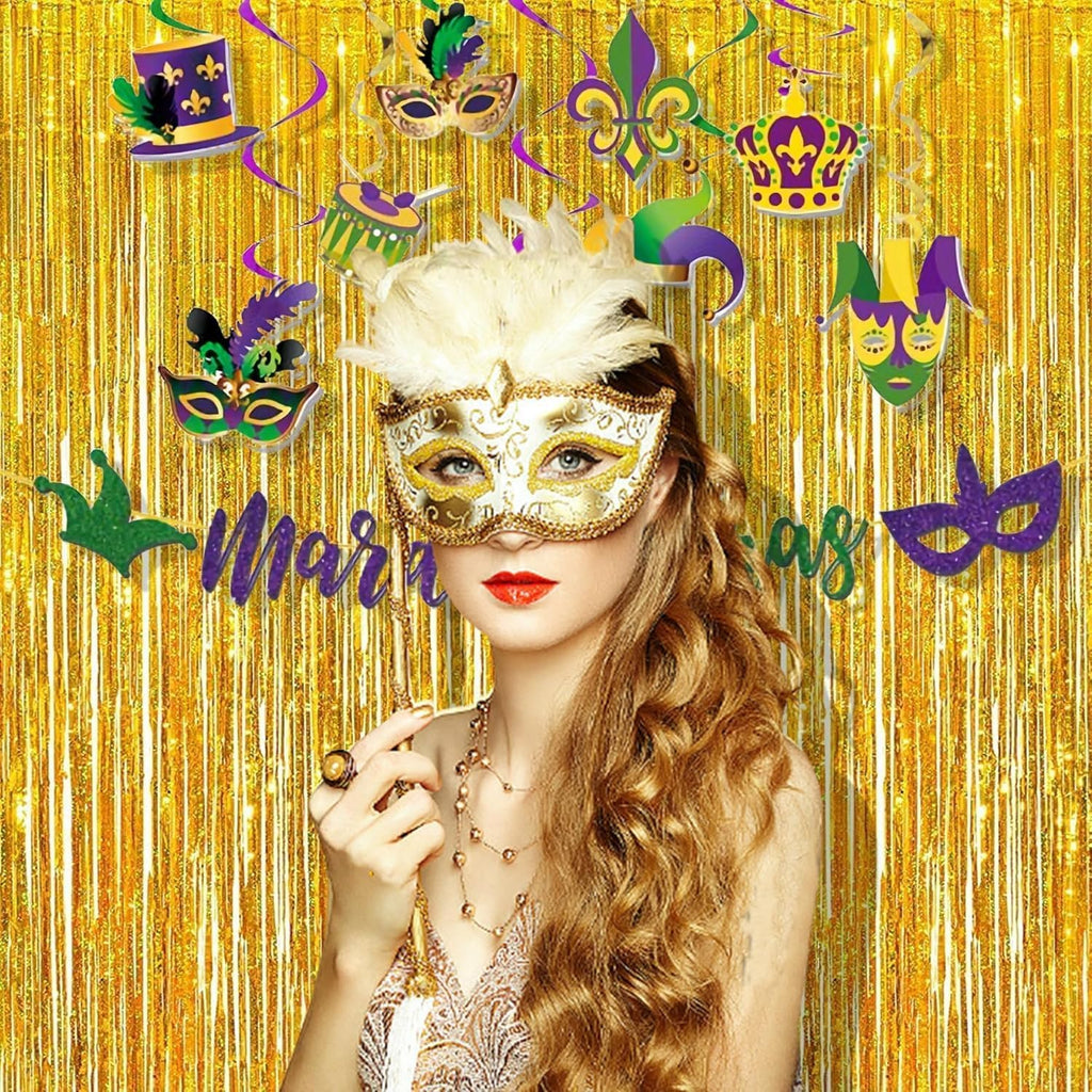BRAVESHINE Gold Tinsel Foil Fringe Curtains - 2Pcs 3.2x8.2ft Holidays Photo Backdrop for Men 60th Birthdays/Bridal Wedding/Engagement/Anniversary/Hawaiian/Luau/Christmas/New Years Party Decorations