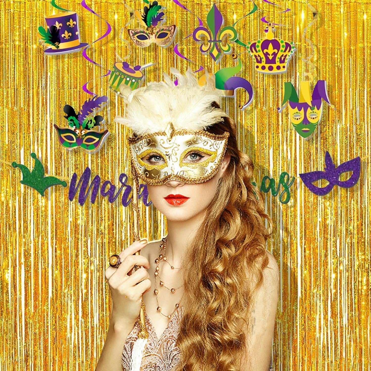 BRAVESHINE Gold Tinsel Foil Fringe Curtains - 2Pcs 3.2x8.2ft Holidays Photo Backdrop for Men 60th Birthdays/Bridal Wedding/Engagement/Anniversary/Hawaiian/Luau/Christmas/New Years Party Decorations