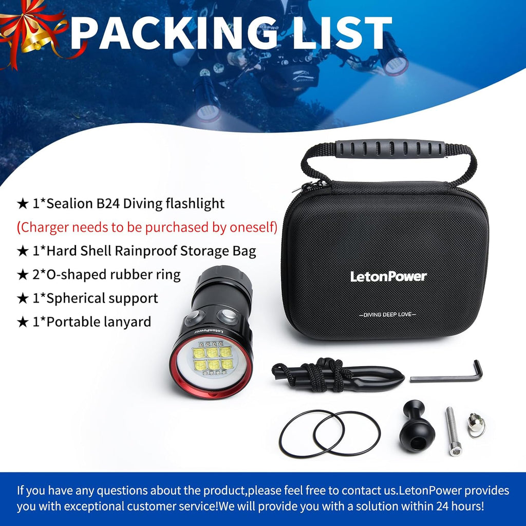 B24 Dive Light Underwater Flashlight 9000Lumens Underwater Video Lights 80m Scuba Dive Light Diving Flashlight for Under Water Sports,Underwater Video Shooting and Photography