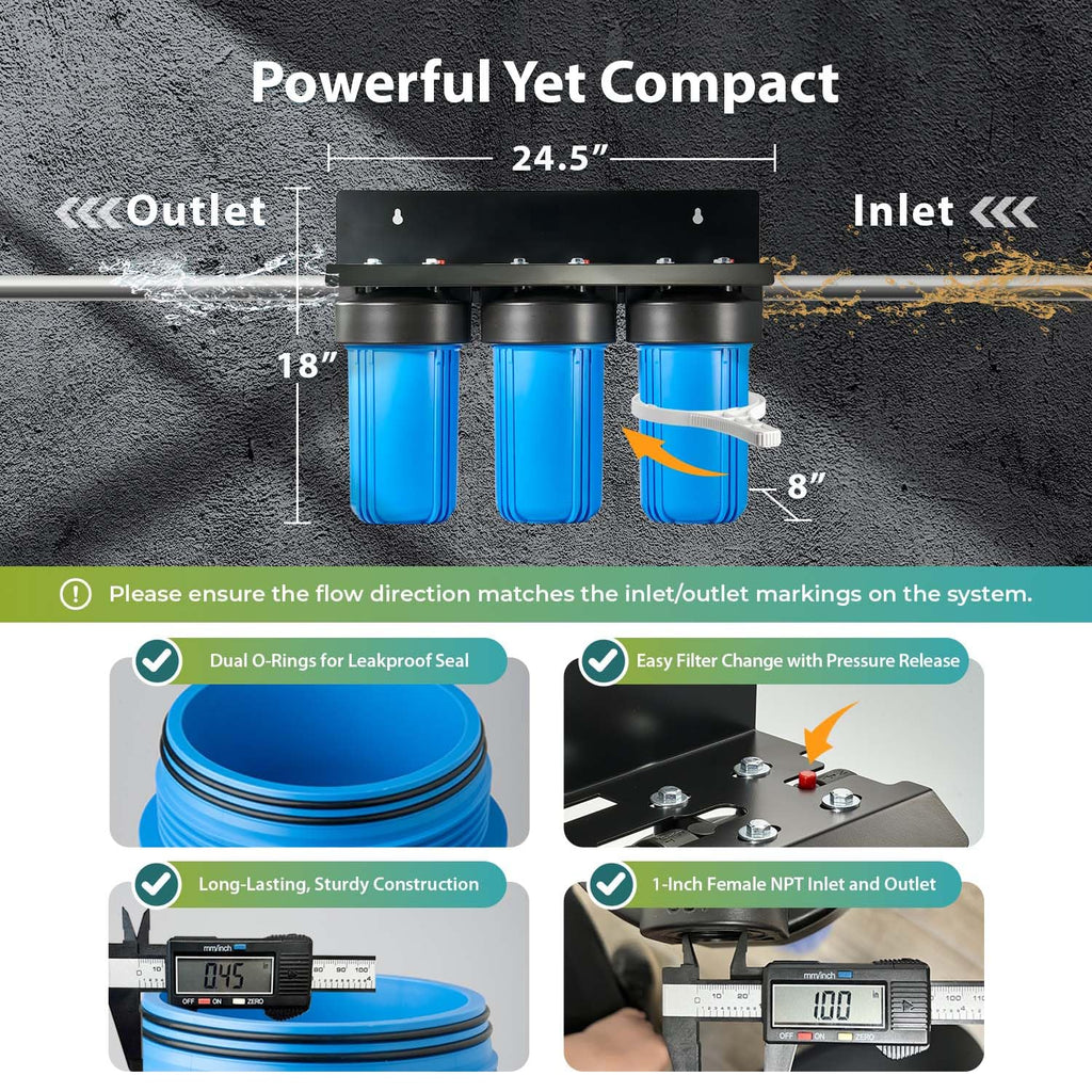 iSpring WGB31B-KS Whole House Water Filter System, Reduces Heavy Metals, Lead, Chlorine, Chloramine, Sediments, 3-Stage Filtration, 10” x 4.5” Filters, 1” Inlet/Outlet