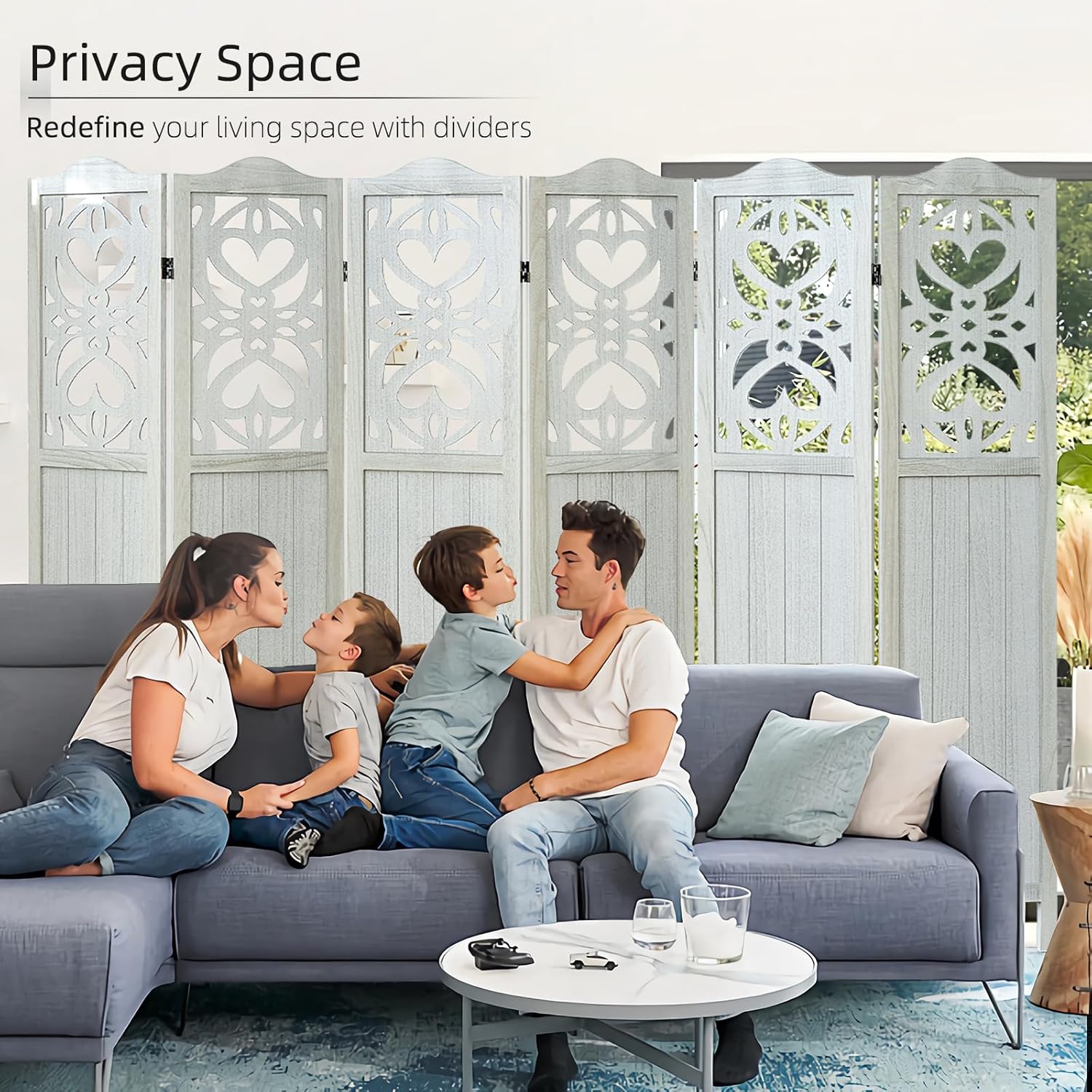 6 Panel Room Divider Wall, 5.6Ft Tall Room Divider Panel and Folding Privacy Screen, Portable Carved Partition Screen, Wall Divider for Room Separation Bedroom Home Office - Light Gray
