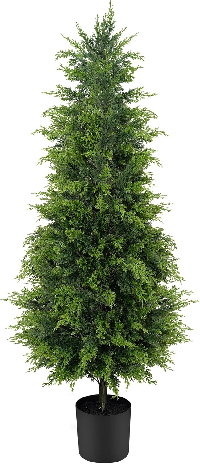 60" Artificial Cedar Topiary Tree One Set, 5FT SEVENLOVE Potted Cedar Tree Topiary Artificial Plant Shrub for Front Porch Home Office Decor (1, 5)