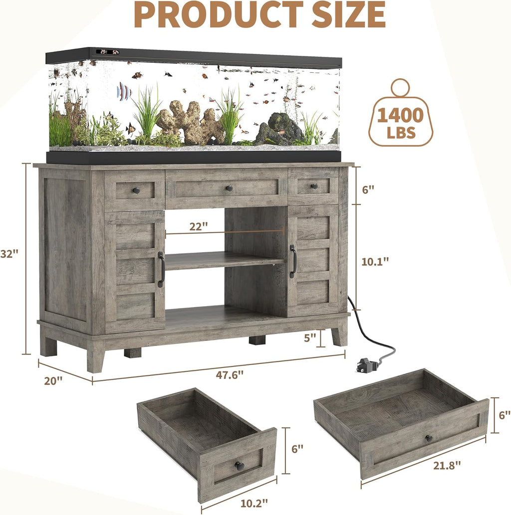Farmhouse 55-75 Gallon Fish Tank Stand, Aquarium Stand with Power Outlet, 1400LBS Heavy Duty Fish Tank with Stand for Fish/Turtle/Reptile Terrarium