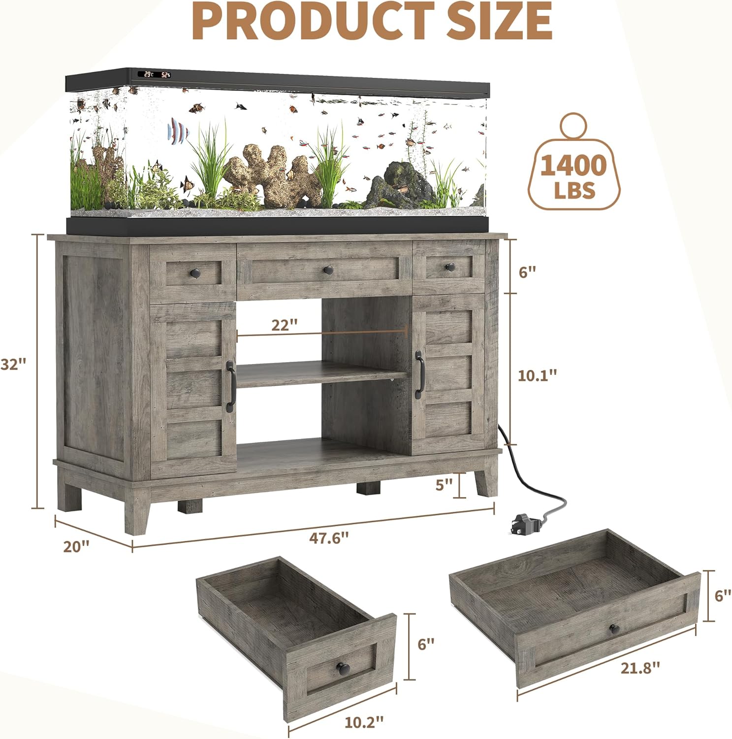 Farmhouse 55-75 Gallon Fish Tank Stand, Aquarium Stand with Power Outlet, 1400LBS Heavy Duty Fish Tank with Stand for Fish/Turtle/Reptile Terrarium