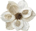 Briful 10’’ Large Heads Christmas Glitter Magnolia Flowers Christmas Tree Ornaments Set of 3 Artificial Flowers with Picks Stems for Xmas Tree Holiday Decorations, White Gold