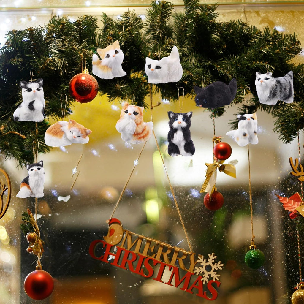 Skylety 10 Pieces Forest Animals Ornaments Woodland Animal Faux Fur Plush Hanging Ornaments Family Educational Playset for Fall, Christmas, Winter Birthday Party Supplies(Cats)