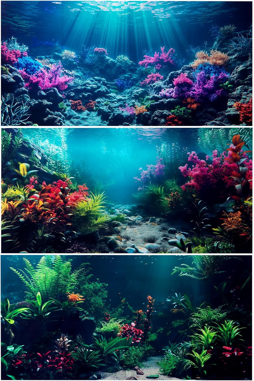 COMSUN 3 Pack Aquarium Background, 60x24 inches Polyester Aquarium Background, Cloth Fish Tank Background, Undersea Corals Sunshines & Rock Aquatic Plants