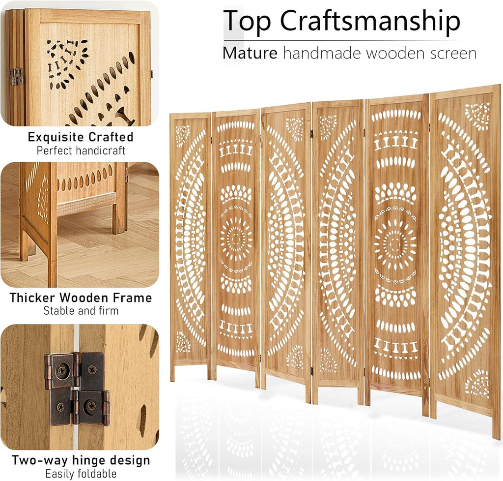 Wooden Room Divider Wall, 6 Panel Divider Screens, Folding Privacy Screen, 5.6 FT Wall Divider Room, Carved Room Divider Panel, Portable Wall Divider for Home Bedroom Office (Natural)