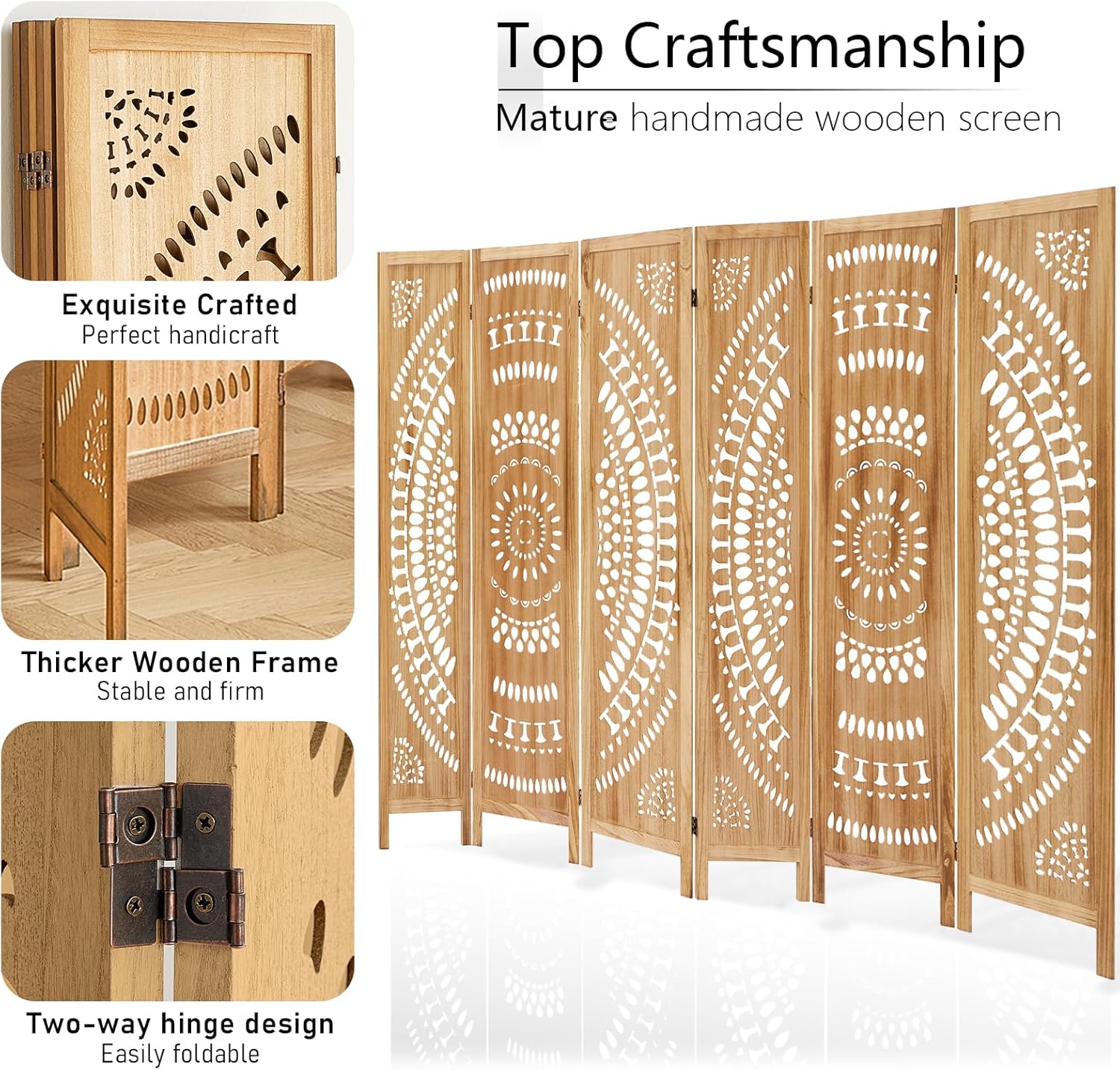 Wooden Room Divider Wall, 6 Panel Divider Screens, Folding Privacy Screen, 5.6 FT Wall Divider Room, Carved Room Divider Panel, Portable Wall Divider for Home Bedroom Office (Natural)