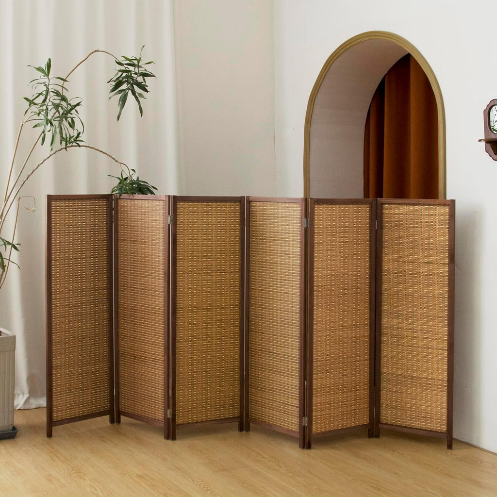 6 Panel Short Panel Divider Screen,3.95 FT Tall Bamboo Room Divider Folding Privacy Screen,Short Panel Divider Freestanding Room Divider for Room Seperation,Brown