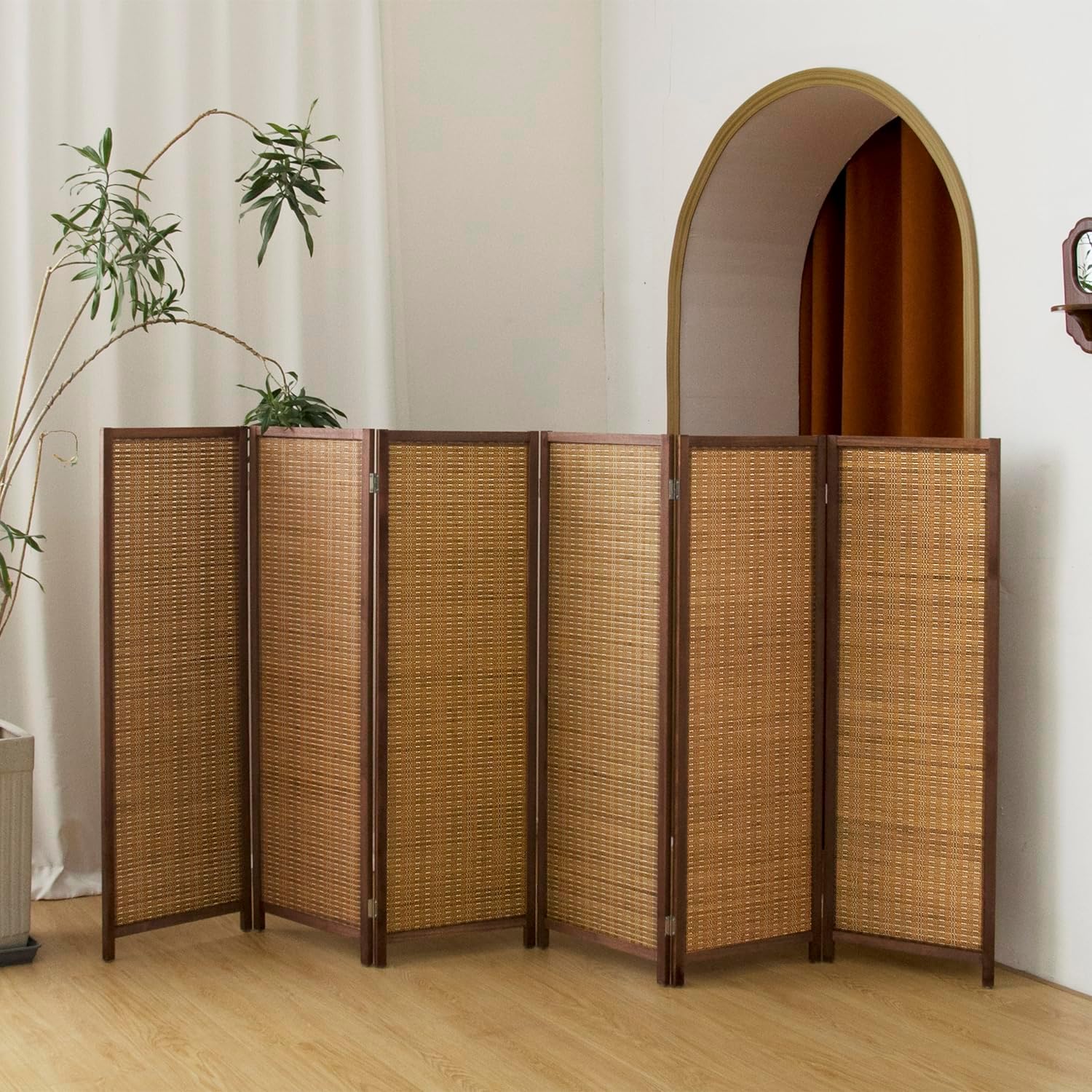6 Panel Short Panel Divider Screen,3.95 FT Tall Bamboo Room Divider Folding Privacy Screen,Short Panel Divider Freestanding Room Divider for Room Seperation,Brown