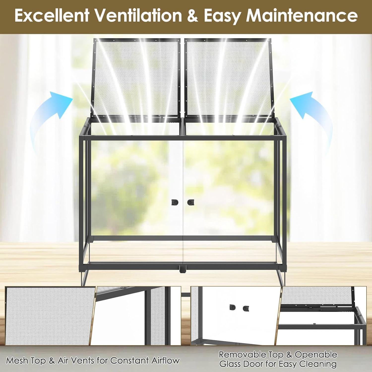 Erinnyees 74 Gallon Reptile Terrarium with Top Screen Ventilation, Snake Habitat with Heating Pad Space, Front Opening Reptile Vivarium with Sliding Cable Outlet for Leopard Geckos, Snakes, Turtles