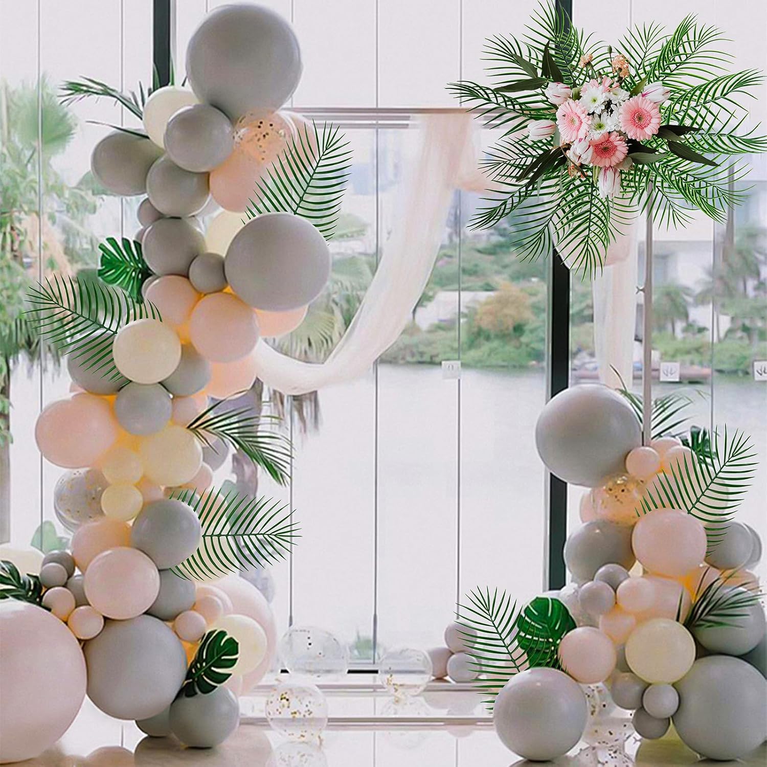 XONOR Artificial Palm Leaves, Fake Tropical Leaves, Faux Palm Leaf with Stem for Jungle Hawaiian Dinosaur Luau Party Table Decoration Wedding Birthday Theme Party Decoration (60Pcs, 20.5'')