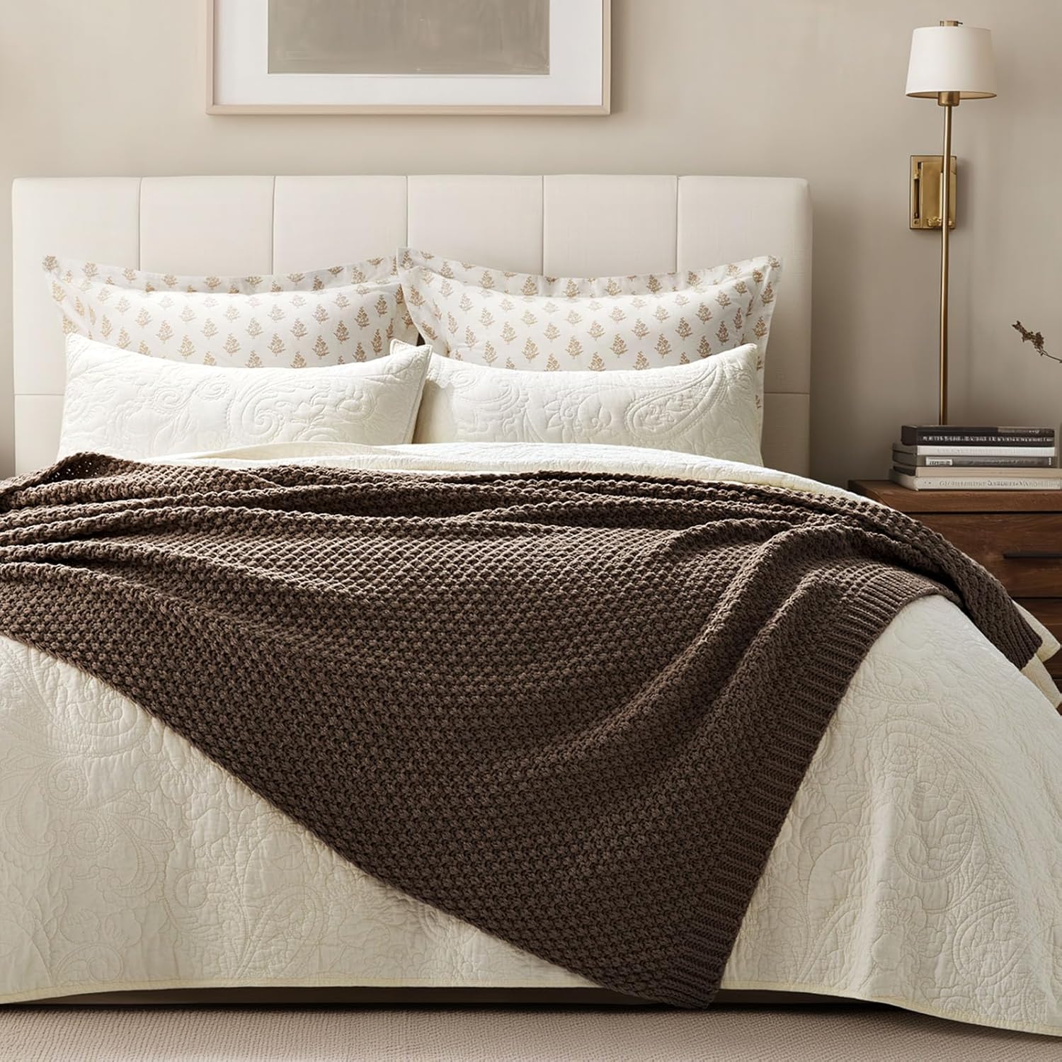 EVERGRACEHOME Chunky Chenille Knit Throw Blanket for Couch, Soft Luxurious Moss Stitch Blankets for Bed, Cozy Decorative Farmhouse Knitted Throws for Sofa, Cocoa Brown, 50" x 60"