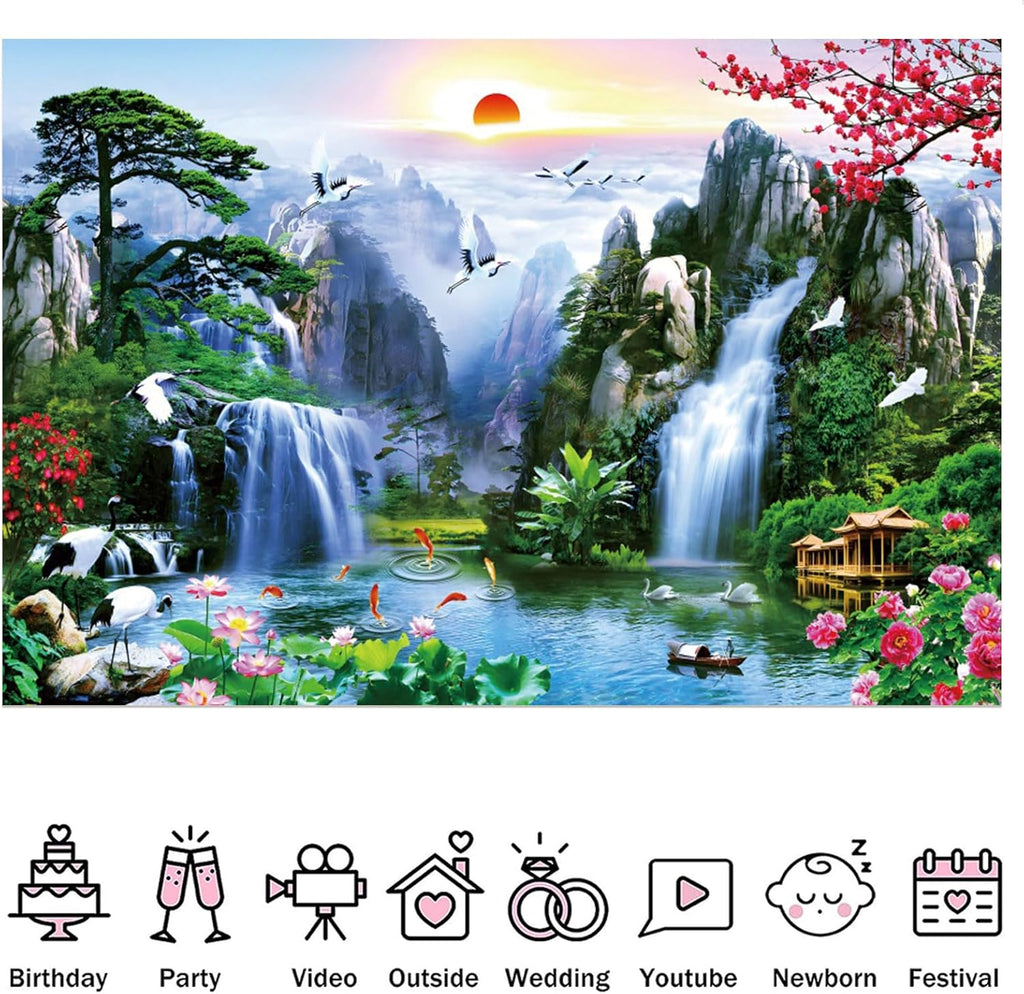 Fabric 10x8ft Zen Garden Backdrop Mountain Waterfalls Sunrise Scenery Photography Background Pine Pavilion Bridge Lotus Crane Spring Flowers Asian Landscape Wallpaper Decoration Photo Props