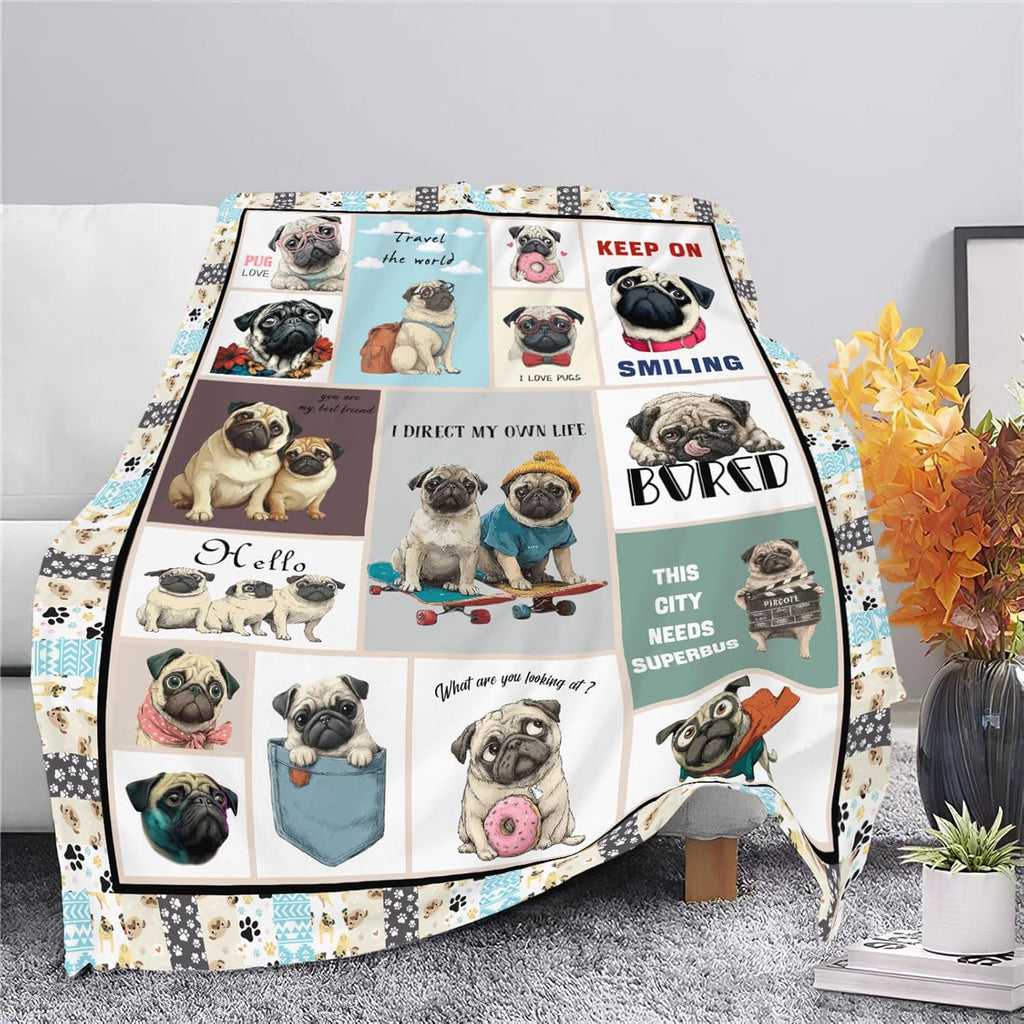 Pug Throw Blanket Pug Puppy Stuff Gifts for Dog Lover Kids Girls Boys Adults Women Men Soft Cozy Warm Plush Fluffy Fuzzy Fleece Blanket Decor 50''X60''