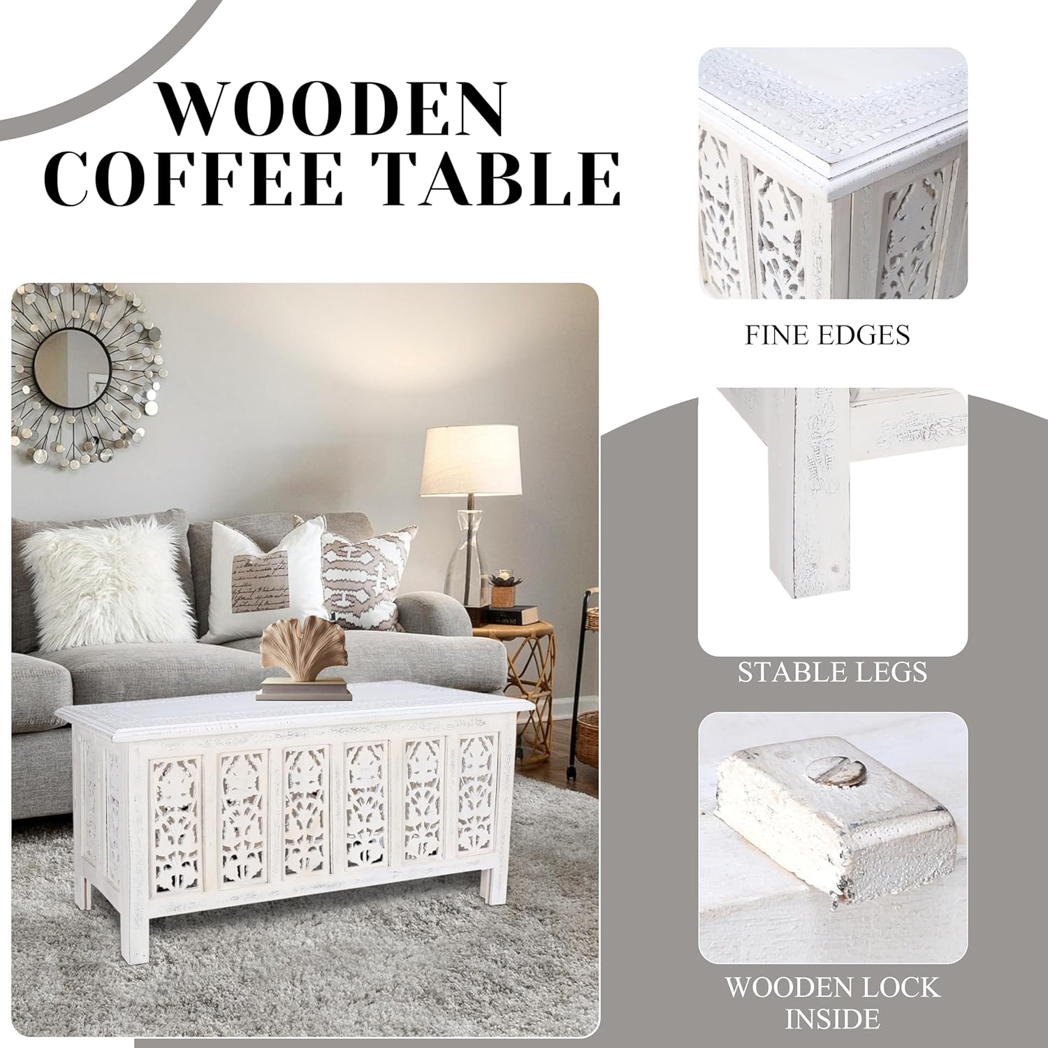 Rectangular Wooden Coffee Table, Modern Wooden Coffee Table, Center Tables, Entryway Table, Living Room Table for Magazines, Books, and Plants - 36x18 Inch White