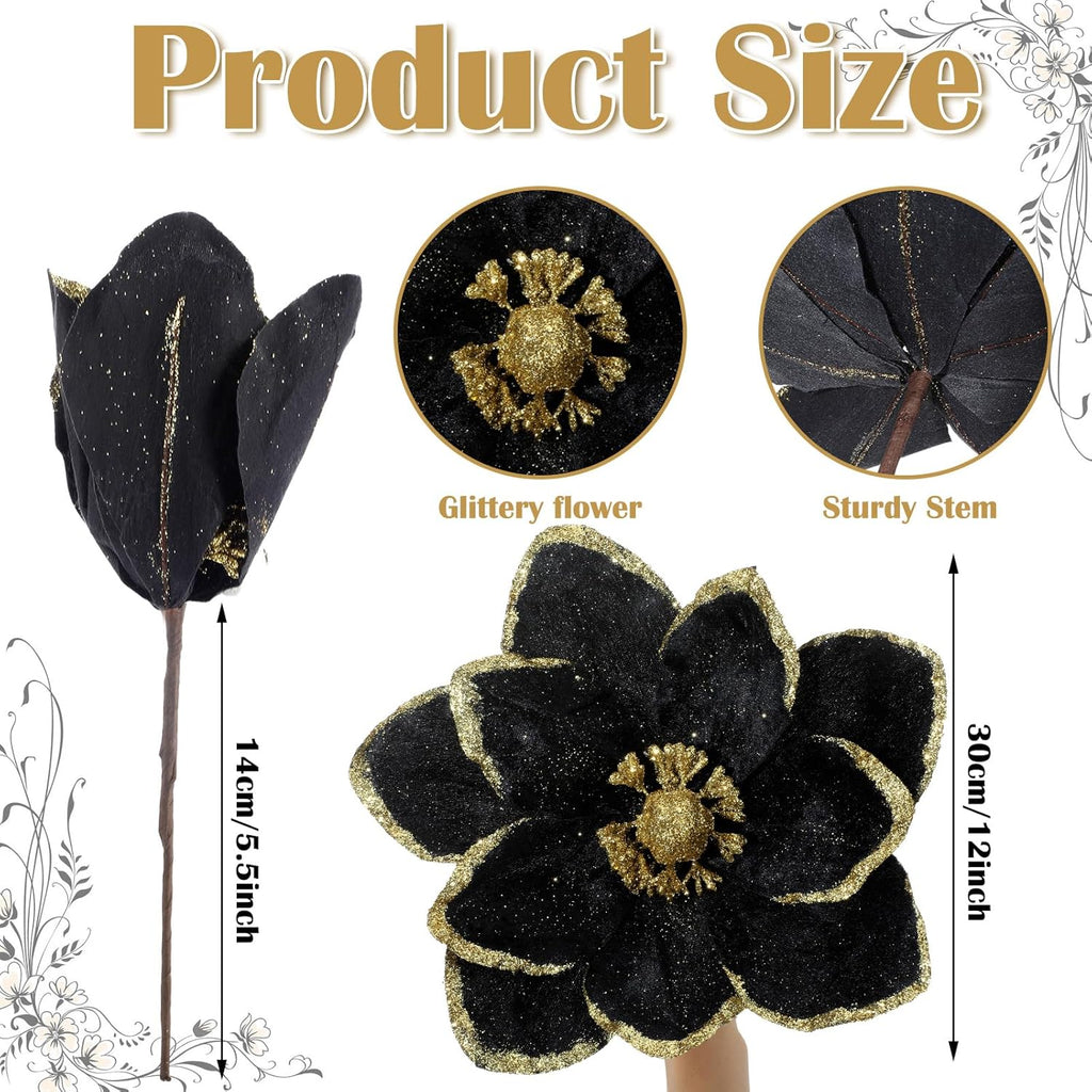 8 Pcs Large Christmas Flower Magnolia Flowers Christmas Tree Decoration Artificial Poinsettia Stems Velvet Xmas Ornaments for Xmas Tree Table Decor(Black,12 Inch)