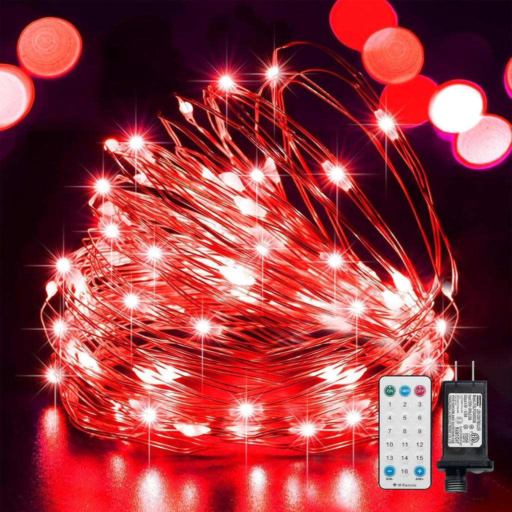 LAMPHOME Fairy Lights Plug in, 33Ft 100 LEDs Waterproof Twinkle Firefly Lights, Adaptor Included, Starry String Lights for Wedding Indoor Outdoor Christmas Patio Garden Decoration, Red