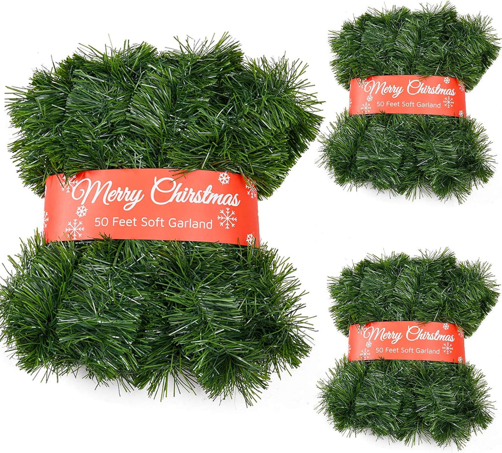 Zhuqing 3 Pack 50 Feet Green Plastic Soft Artificial Christmas Garland for Indoor/Outdoor Decoration